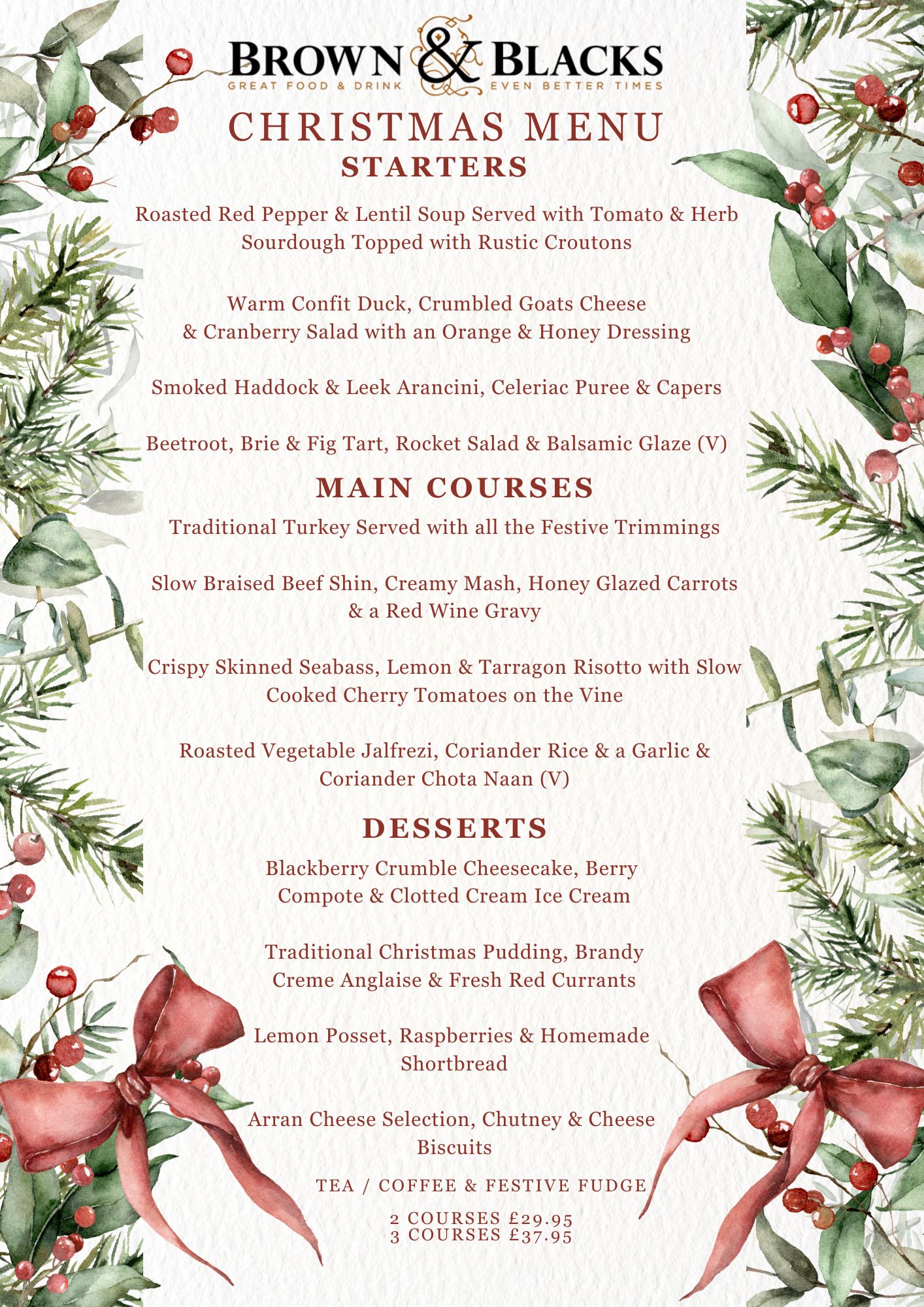 Green White Watercolor Botanical Flowers Christmas Menu A4
